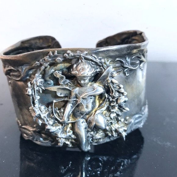 Angel Sterling Silver Cuff Bracelet Repoussé Antique 925 Victorian Wide Floral - Picture 8 of 8